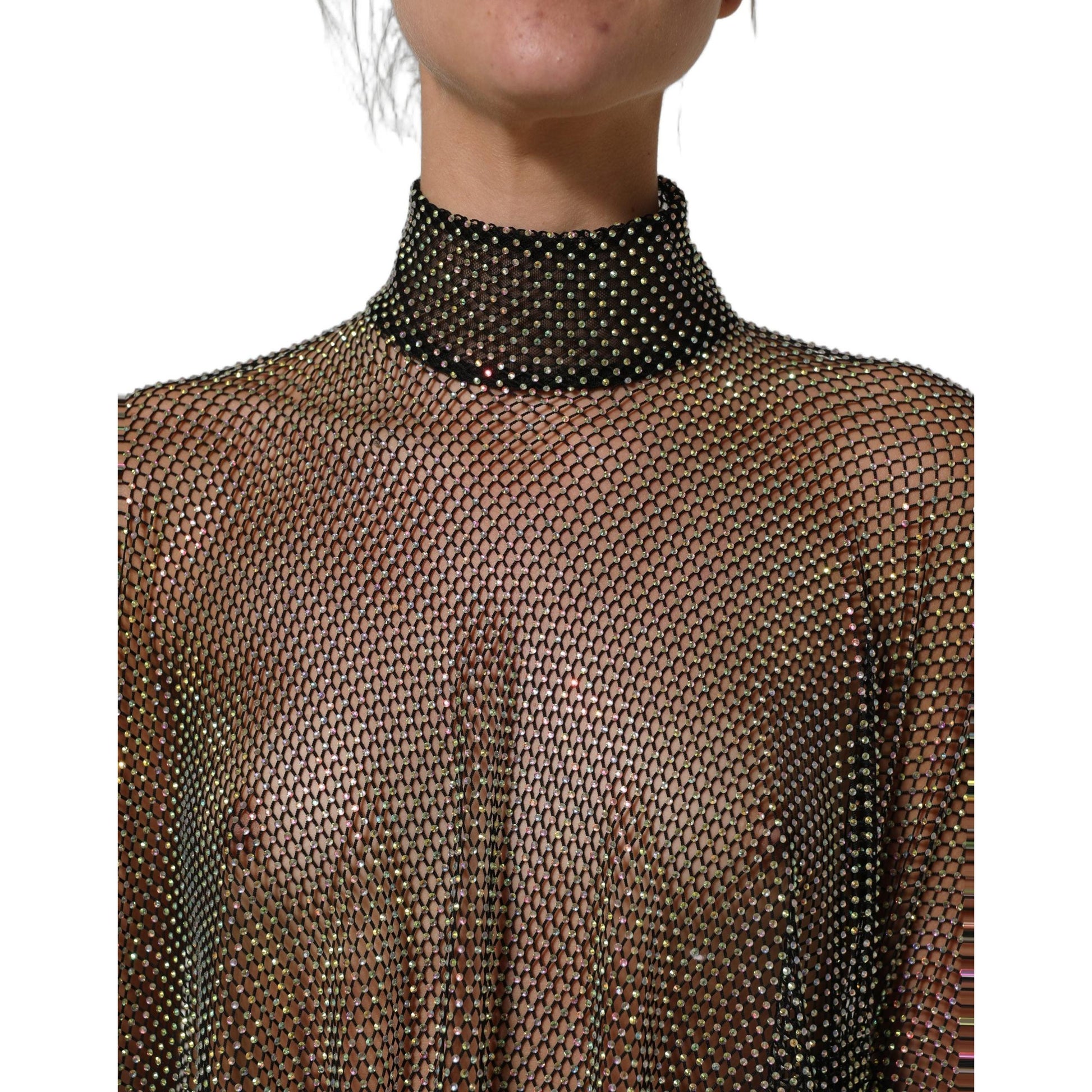 Dolce & Gabbana Black Rhinestone Mesh Turtleneck Maxi Dress