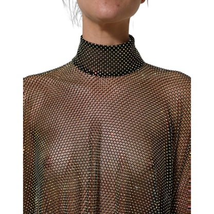 Dolce & Gabbana Black Rhinestone Mesh Turtleneck Maxi Dress