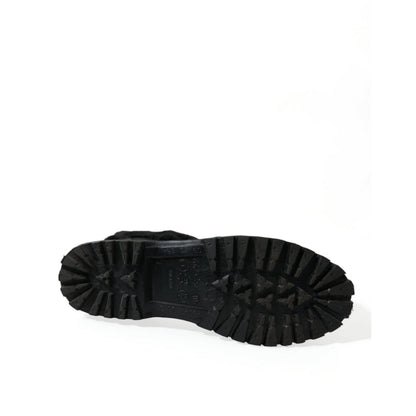 Dolce & Gabbana Black Rubber Lace Up Shearling Rain Boots Shoes