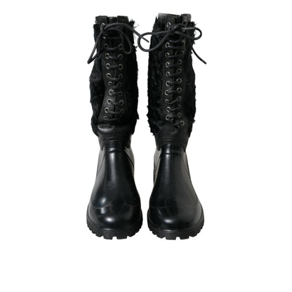 Dolce & Gabbana Black Rubber Lace Up Shearling Rain Boots Shoes