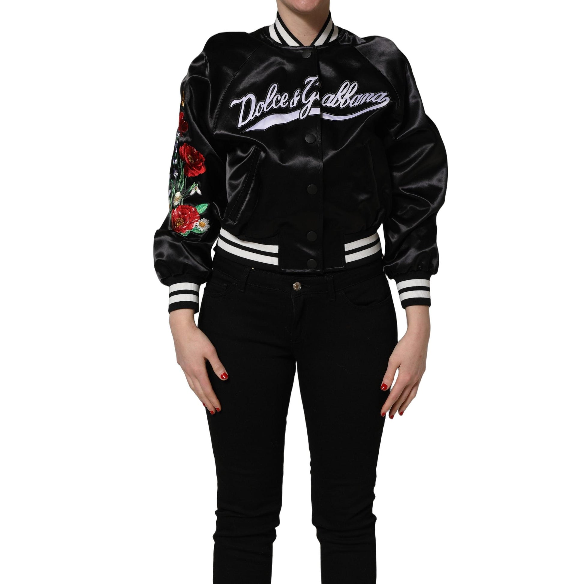 Dolce & Gabbana Black Satin Floral Embroidery Bomber Jacket