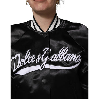 Dolce & Gabbana Black Satin Floral Embroidery Bomber Jacket