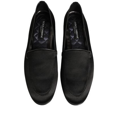 Dolce & Gabbana Black Satin Logo Slip On Flats Loafers Shoes