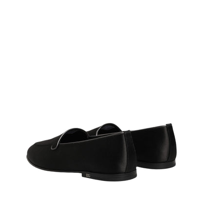 Dolce & Gabbana Black Satin Logo Slip On Flats Loafers Shoes
