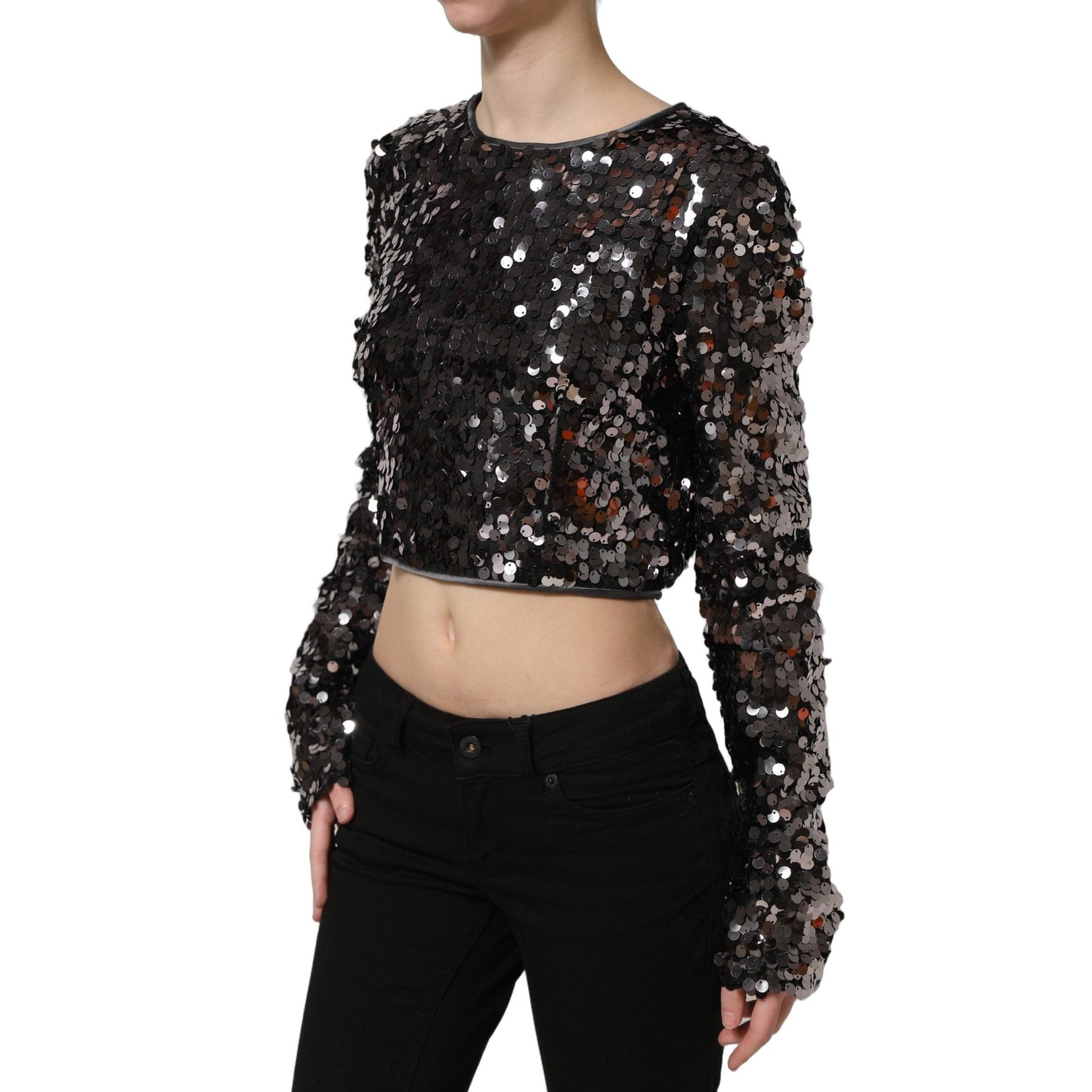 Dolce & Gabbana Black Sequined Long Sleeves Crop Blouse Top