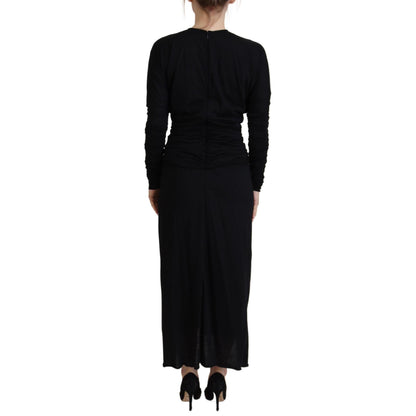 Dolce & Gabbana Black Sheath Midi Gown Wool Wrap Dress