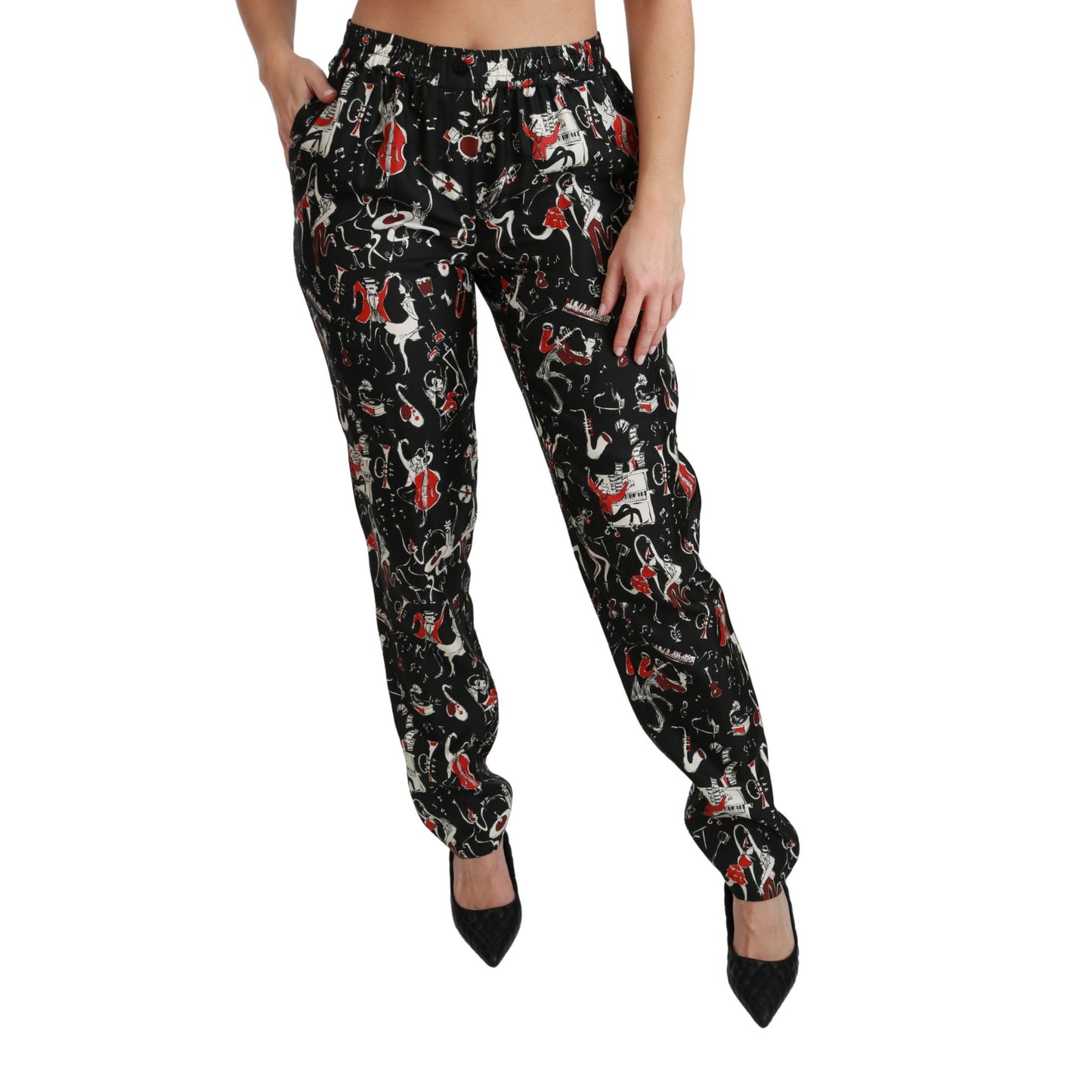 Dolce & Gabbana Black Silk Instrument Mid Waist Pants