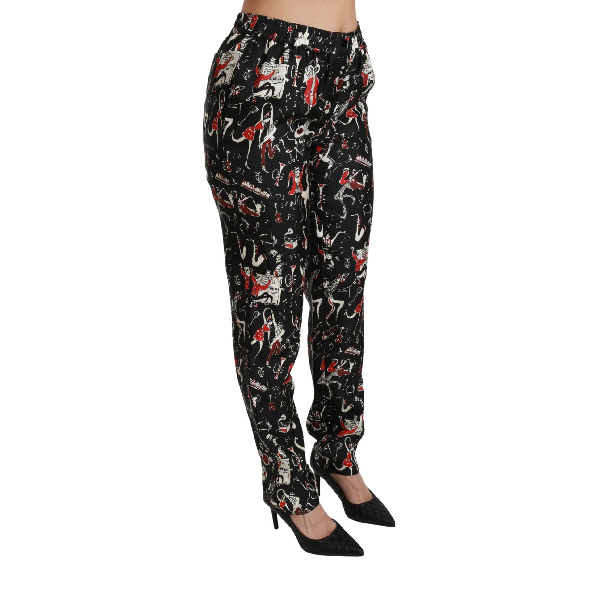 Dolce & Gabbana Black Silk Instrument Mid Waist Pants
