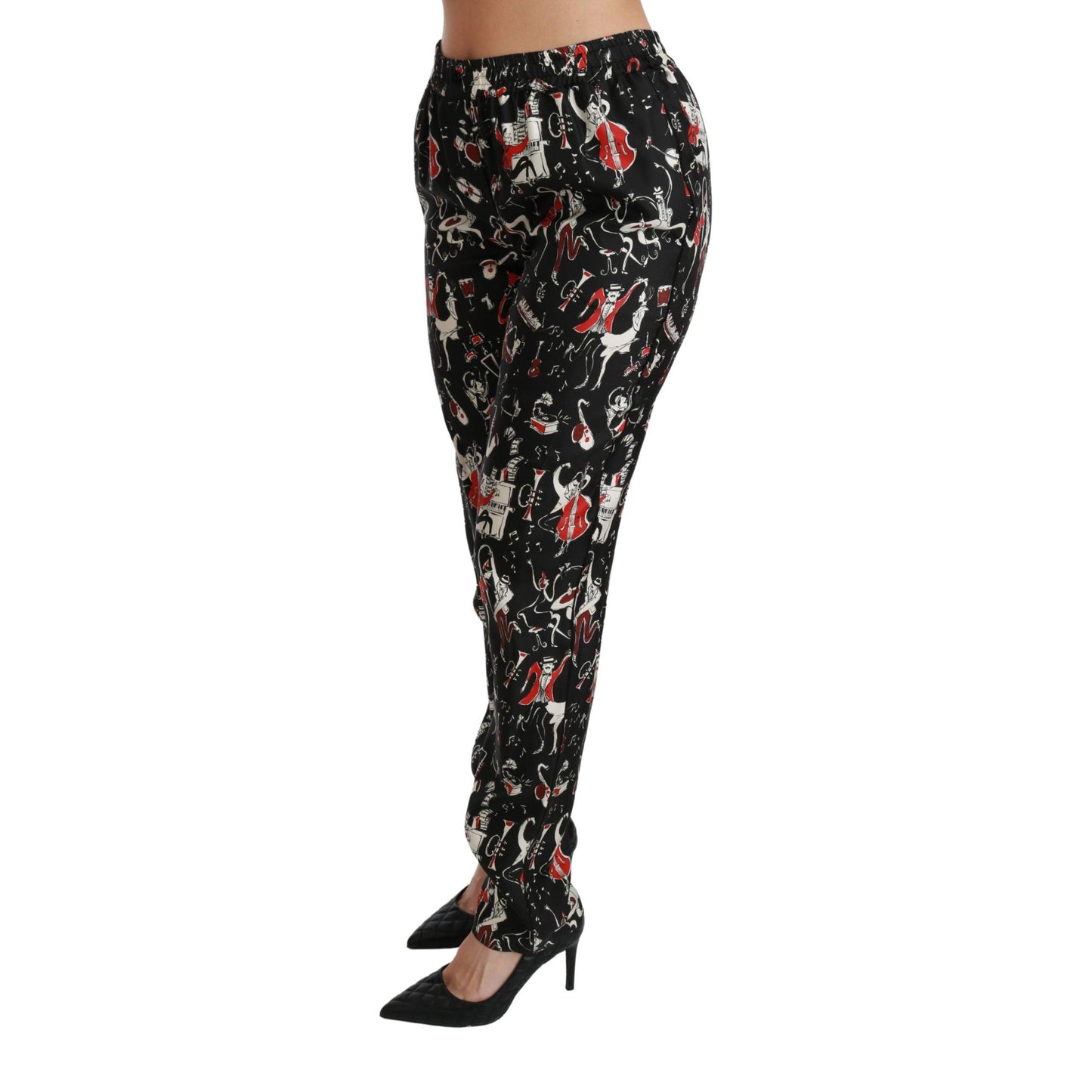 Dolce & Gabbana Black Silk Instrument Mid Waist Pants