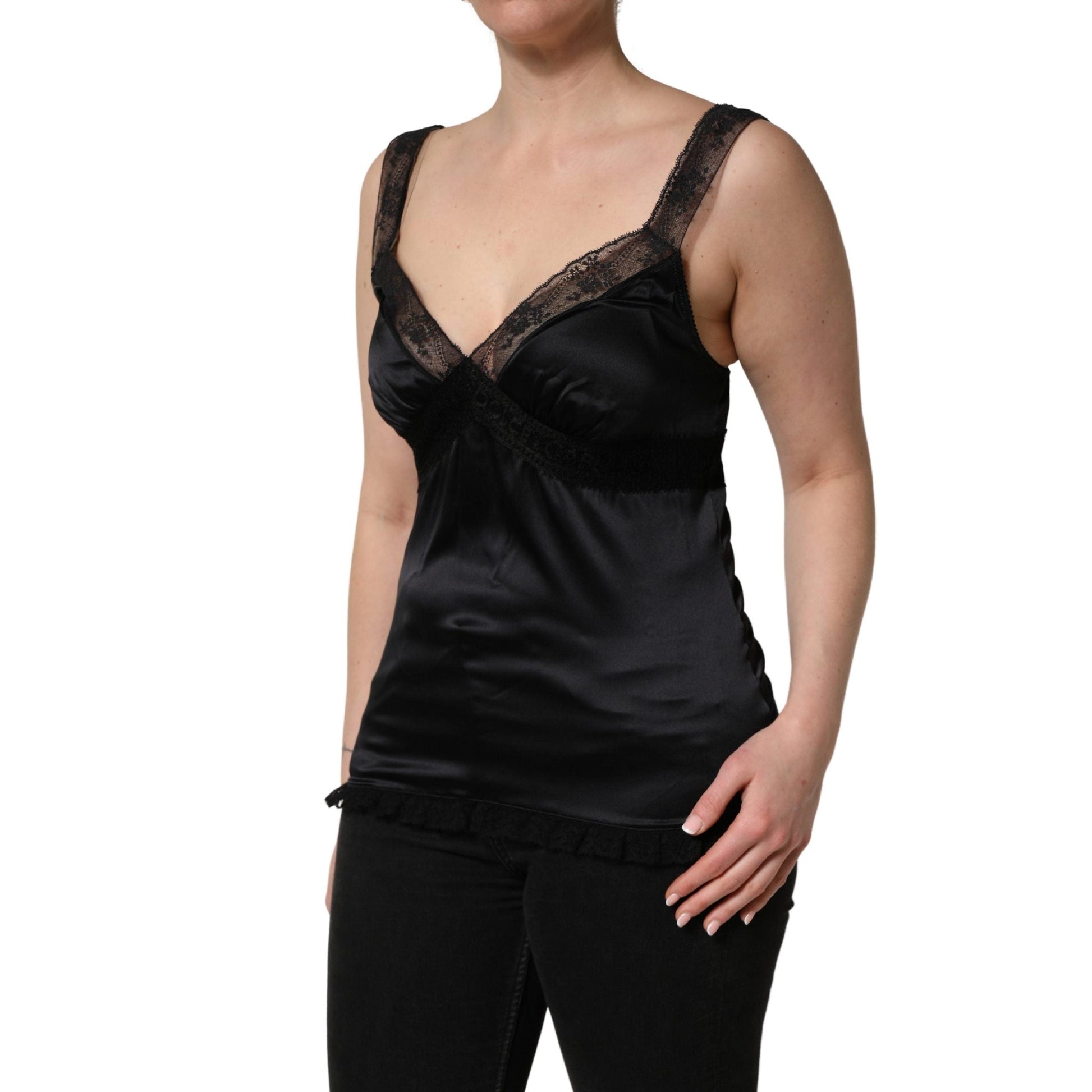 Dolce & Gabbana Black Silk Lace Trim Camisole V-neckline Tank Top