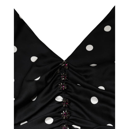 Dolce & Gabbana Black Silk Polka Dot Vneck Tassel Midi Dress