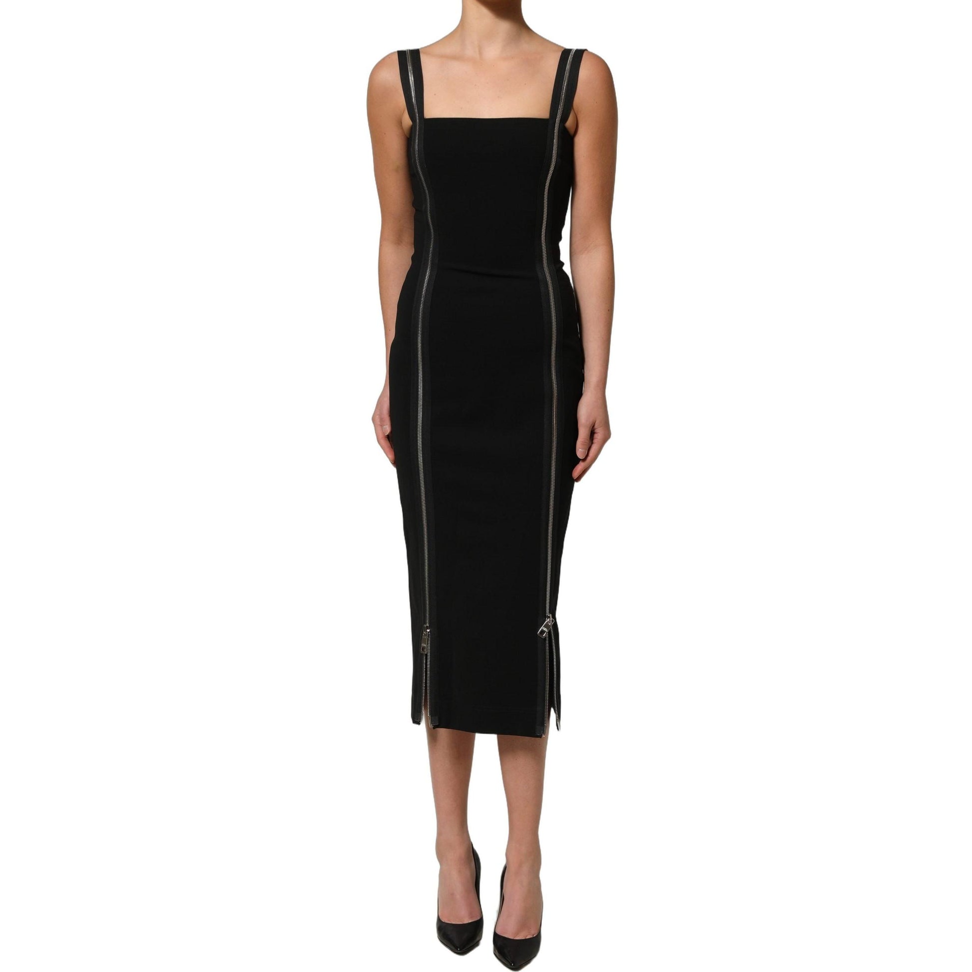 Dolce & Gabbana Black Sleeveless Front Zipper Midi Dress