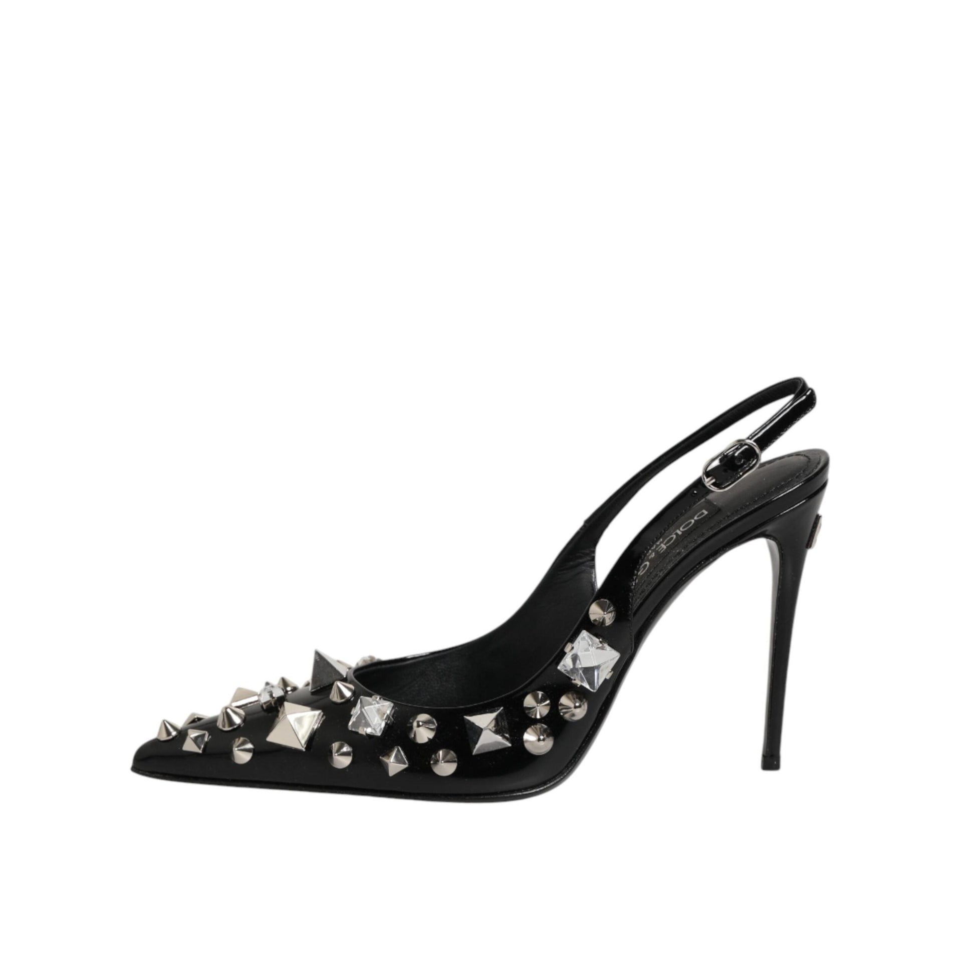 Dolce & Gabbana Black Studded Leather Heels Slingbacks Shoes