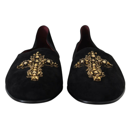 Dolce & Gabbana Black Suede Gold Cross Slip On Loafers Shoes
