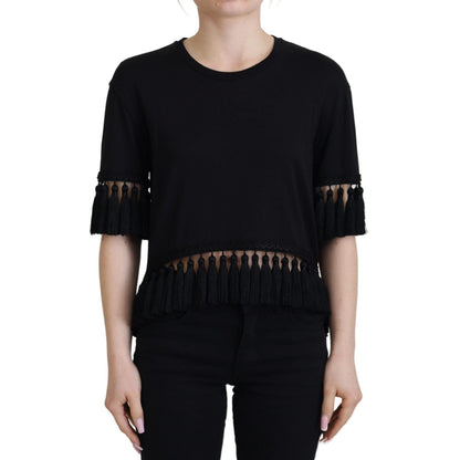 Dolce & Gabbana Black T-shirt Blouse Tassle Cotton Blouse