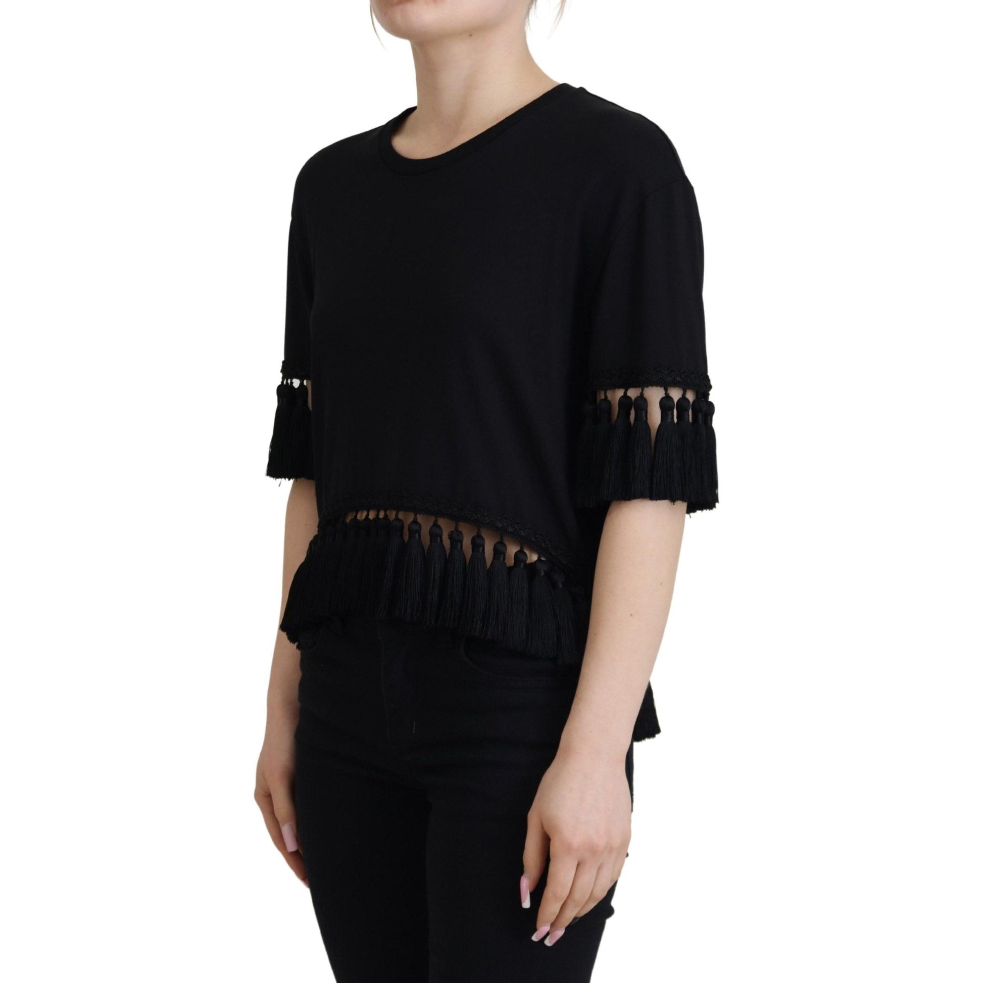 Dolce & Gabbana Black T-shirt Blouse Tassle Cotton Blouse