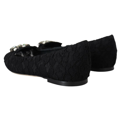 Dolce & Gabbana Black Taormina Lace Crystals Flats Shoes