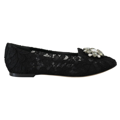 Dolce & Gabbana Black Taormina Lace Crystals Flats Shoes
