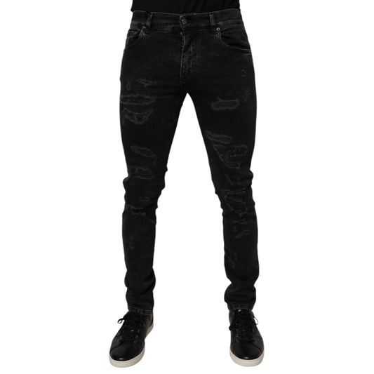 Dolce & Gabbana Black Tattered Cotton Skinny Men Denim Jeans