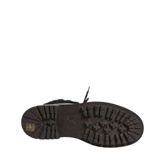 Dolce & Gabbana Black Trekking Fur Lace Leather Boots Shoes