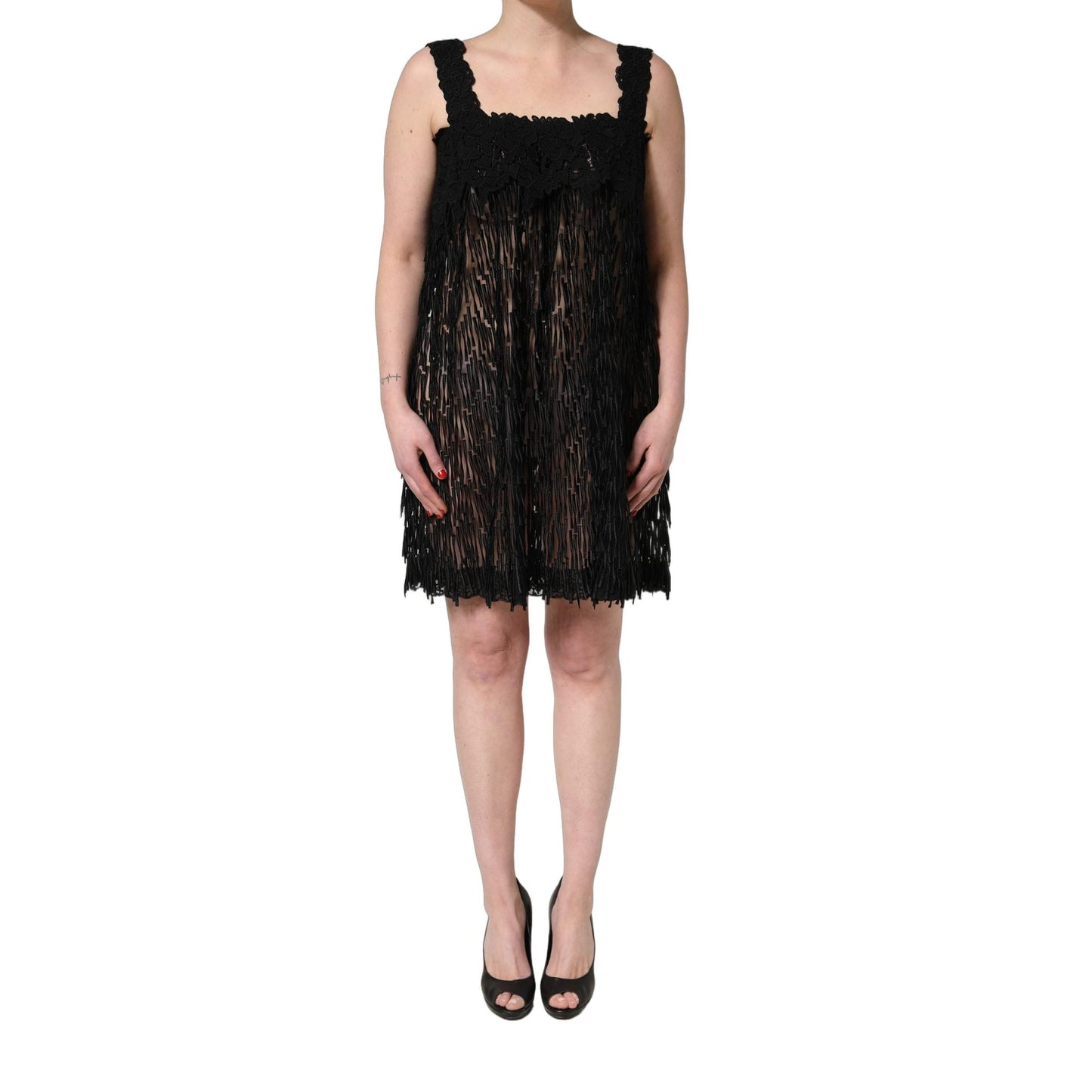 Dolce & Gabbana Black Viscose Fringed Sleeveless Mini Dress