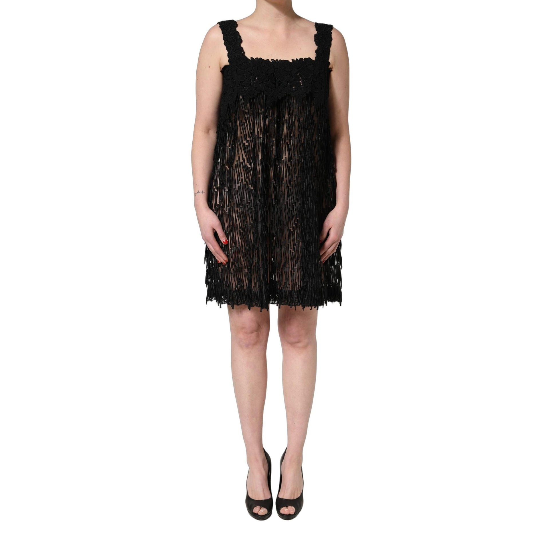Dolce & Gabbana Black Viscose Fringed Sleeveless Mini Dress