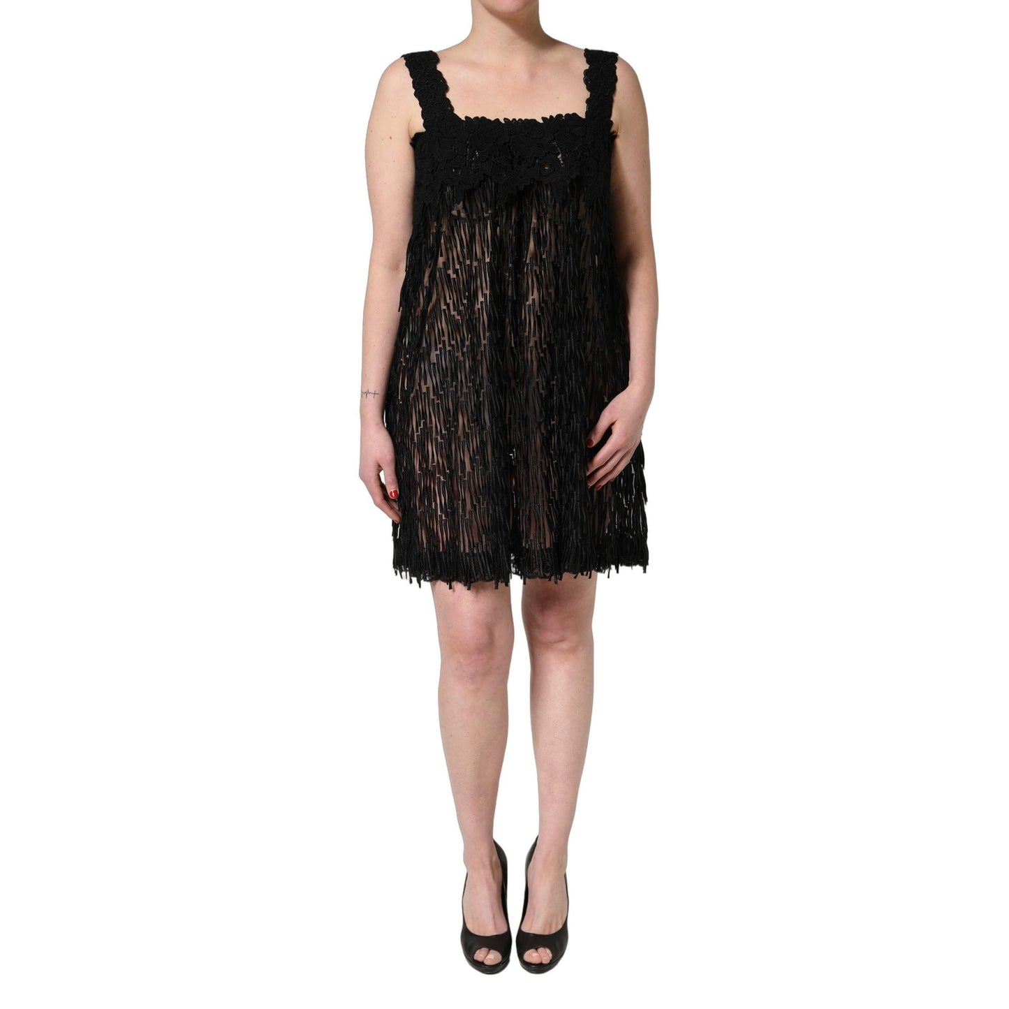 Dolce & Gabbana Black Viscose Fringed Sleeveless Mini Dress