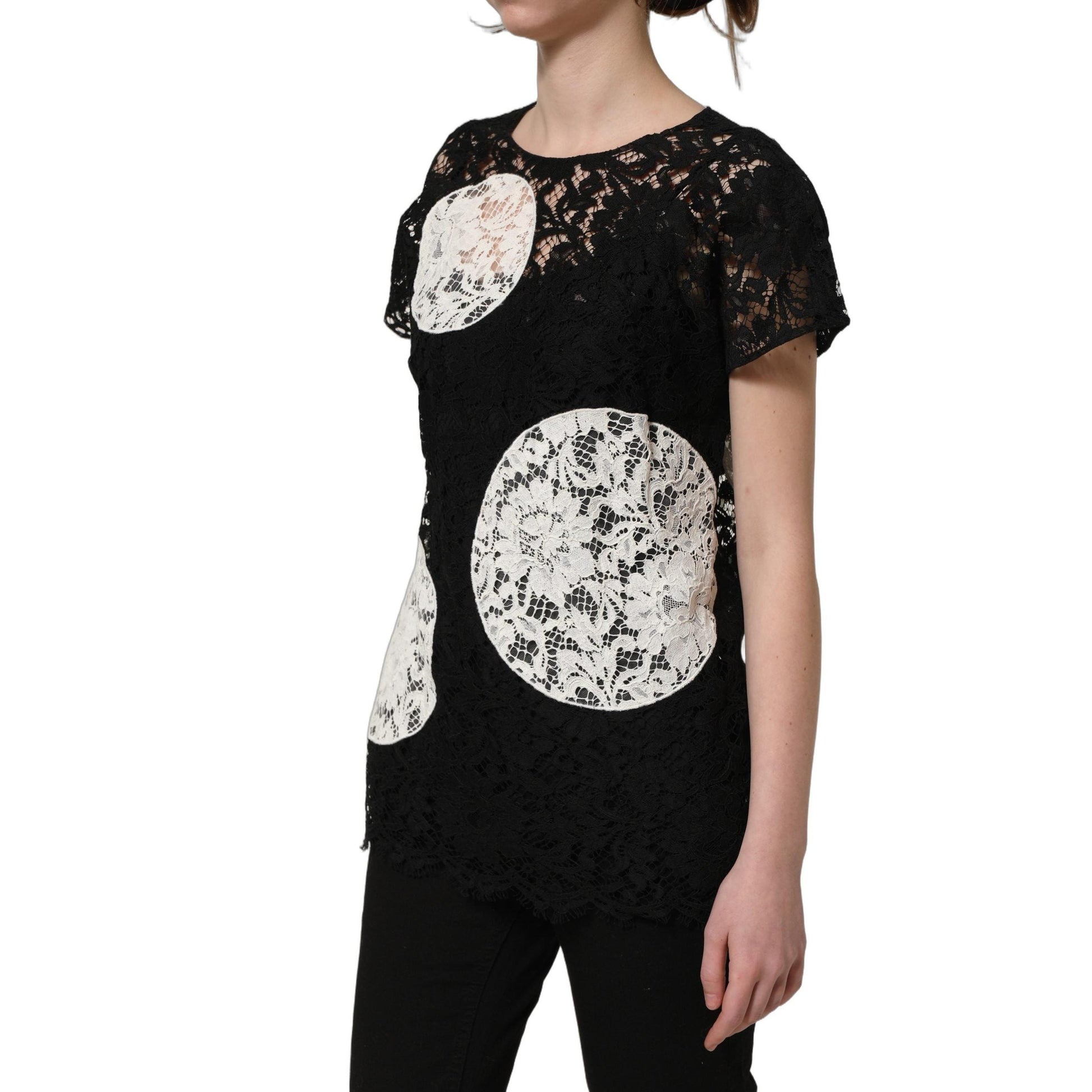 Dolce & Gabbana Black White Floral Lace Short Sleeve Blouse Top