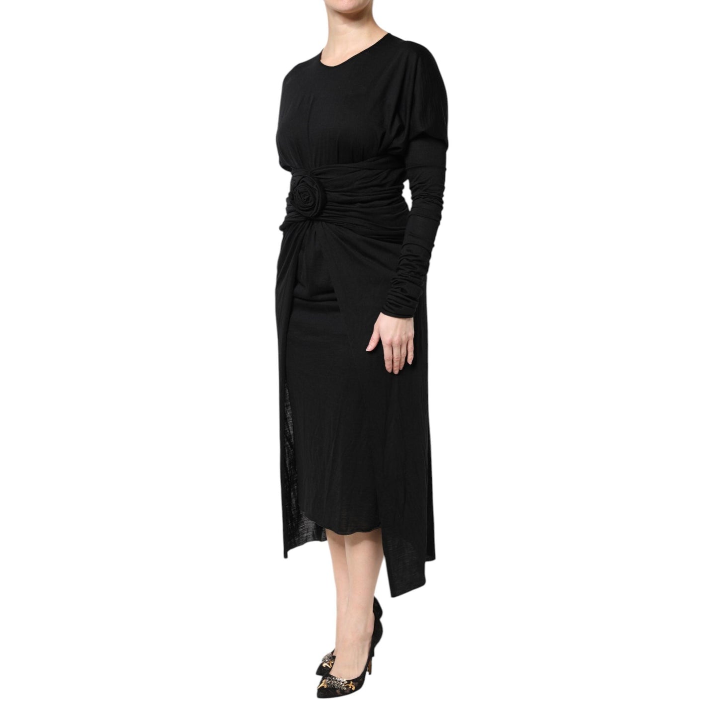 Dolce & Gabbana Black Wool Long Sleeves Sheath Midi Dress