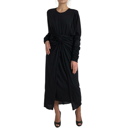 Dolce & Gabbana Black Wool Wrap Sheath Midi Gown Dress