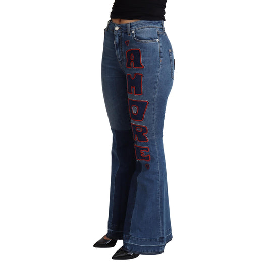 Dolce & Gabbana Blue Amore Patch Boot Cut Cotton Stretch Pant