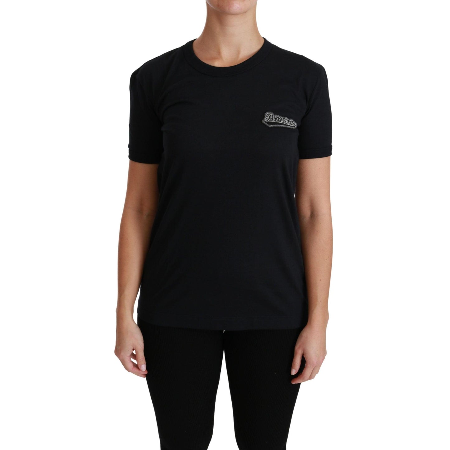 Dolce & Gabbana Blue Amore Patch Crewneck Cotton Top T-shirt