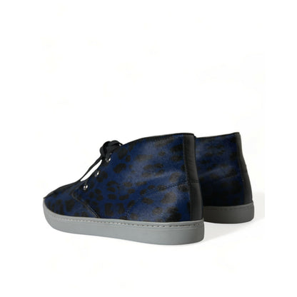 Dolce & Gabbana Blue Calfskin Leopard Mid Top Sneakers Shoes