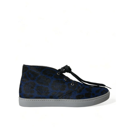 Dolce & Gabbana Blue Calfskin Leopard Mid Top Sneakers Shoes