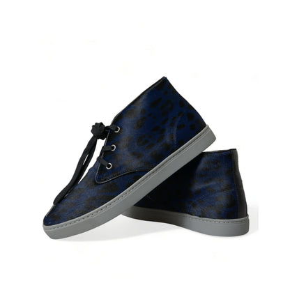 Dolce & Gabbana Blue Calfskin Leopard Mid Top Sneakers Shoes