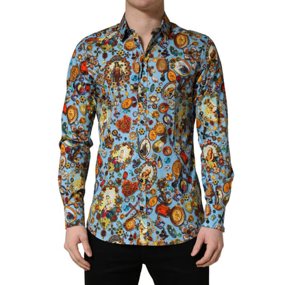 Dolce & Gabbana Blue Cotton Jewel Print Button Down GOLD Shirt