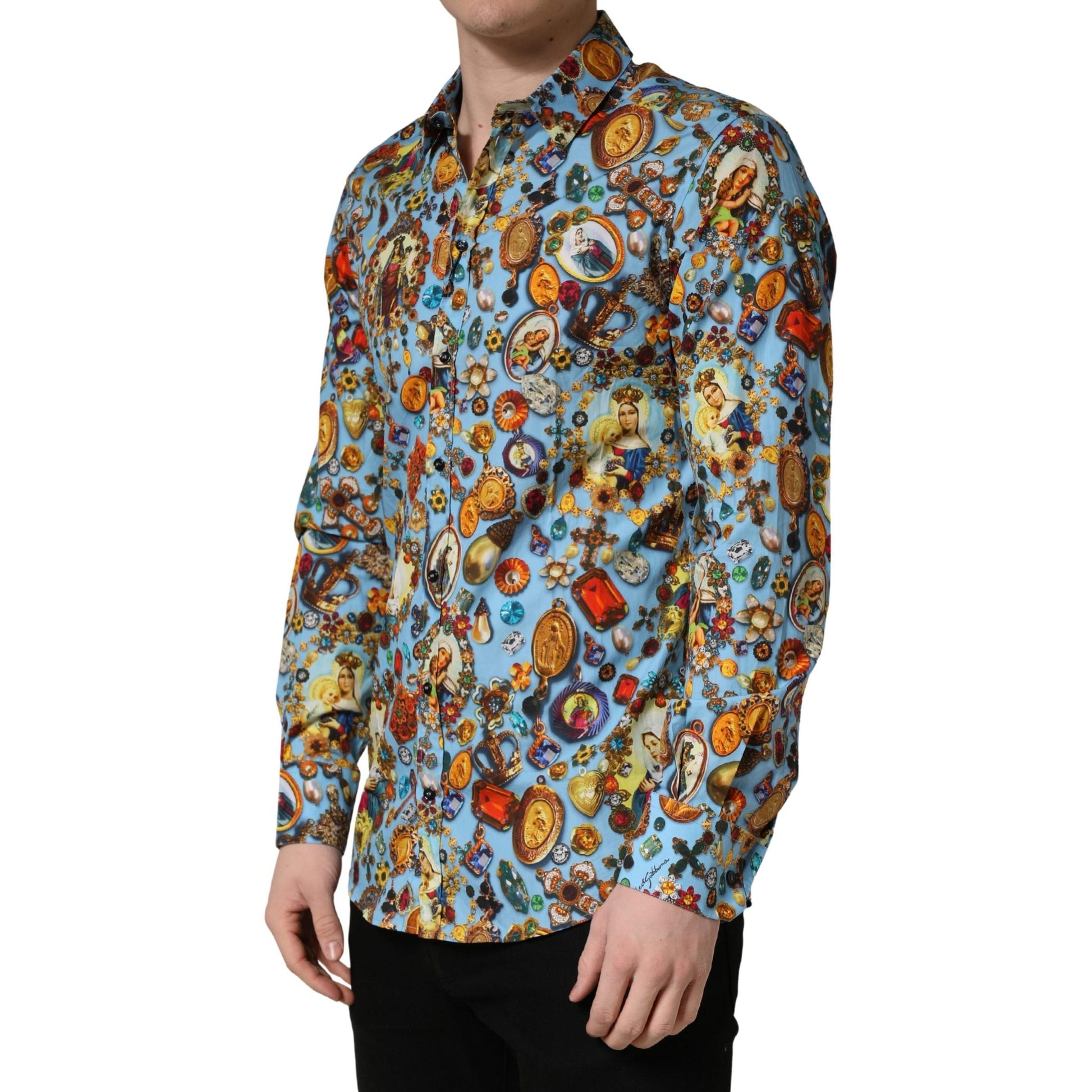 Dolce & Gabbana Blue Cotton Jewel Print Button Down GOLD Shirt