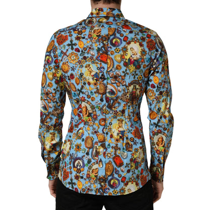 Dolce & Gabbana Blue Cotton Jewel Print Button Down GOLD Shirt