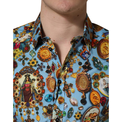 Dolce & Gabbana Blue Cotton Jewel Print Button Down GOLD Shirt