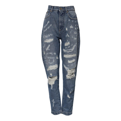 Dolce & Gabbana Blue Cotton Tattered High Waist Denim Jeans