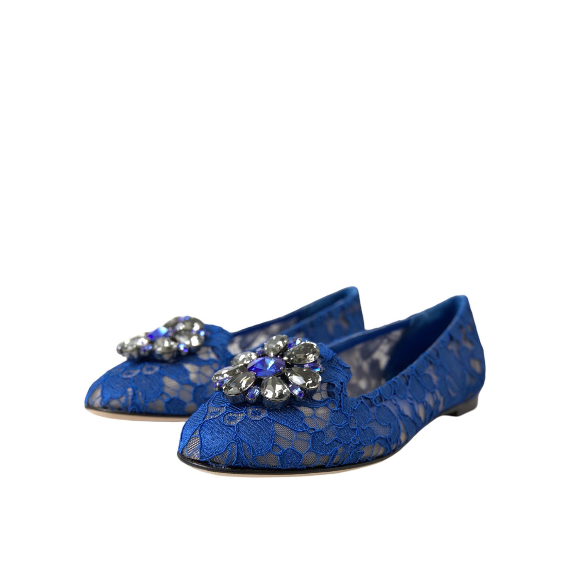 Dolce & Gabbana Blue Lace Crystal Ballet Flats Loafers Shoes
