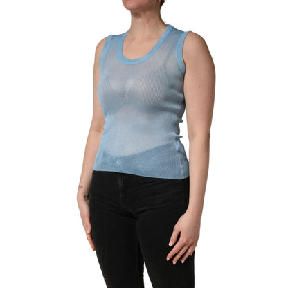Dolce & Gabbana Blue Semi Sheer Ribbed Sleeveless Tank Top