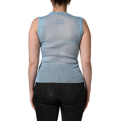 Dolce & Gabbana Blue Semi Sheer Ribbed Sleeveless Tank Top