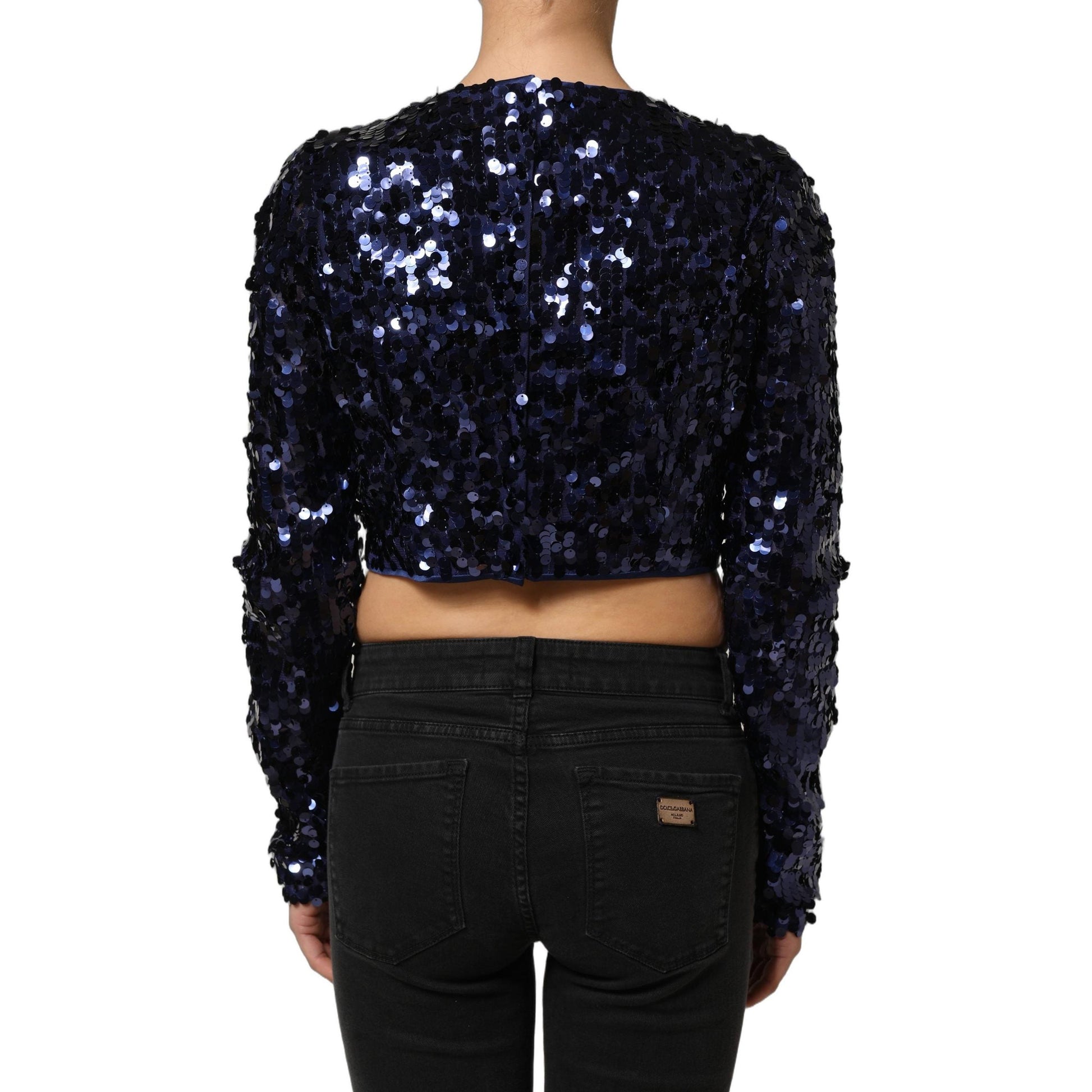Dolce & Gabbana Blue Sequined Long Sleeves Crop Blouse Top