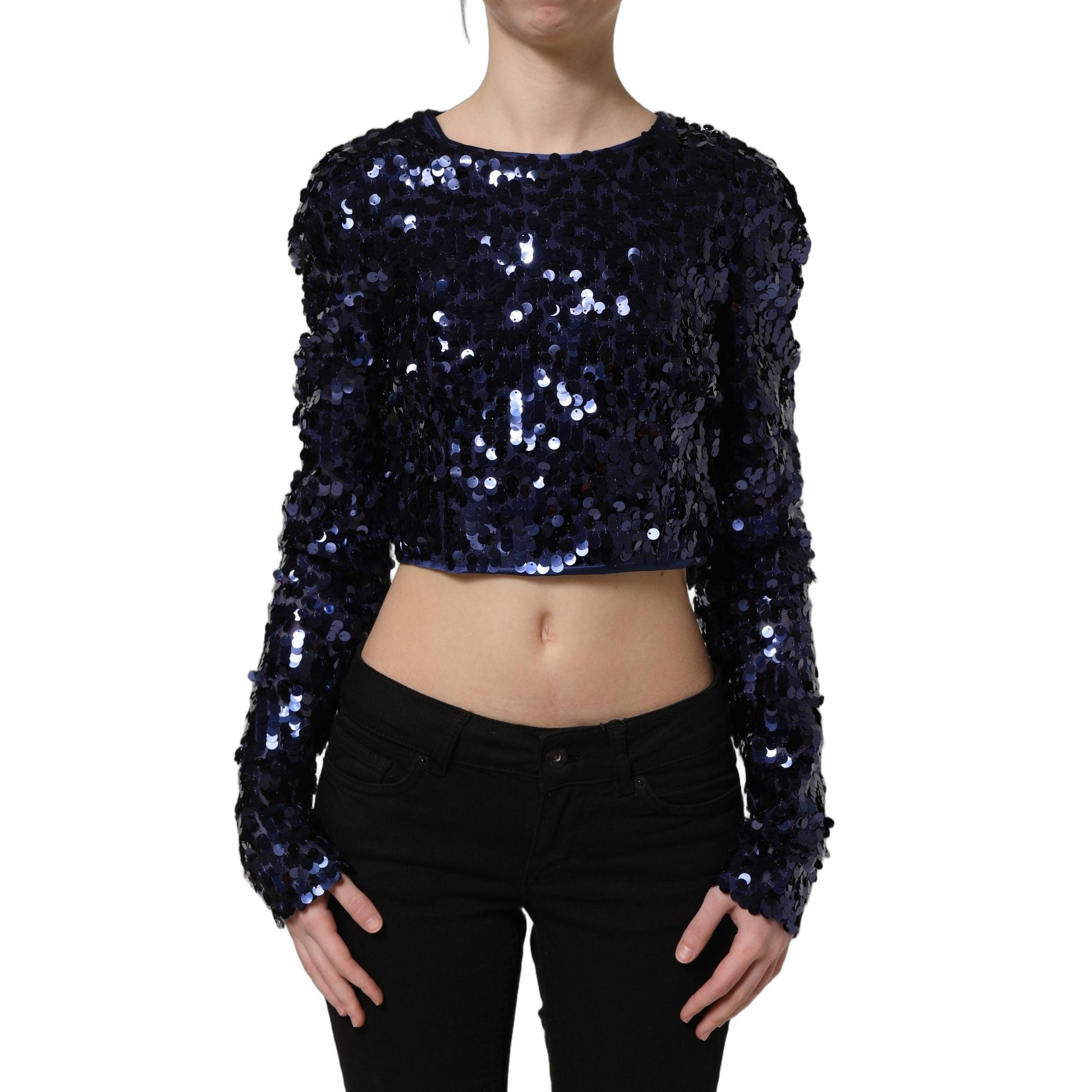 Dolce & Gabbana Blue Sequined Long Sleeves Crop Blouse Top