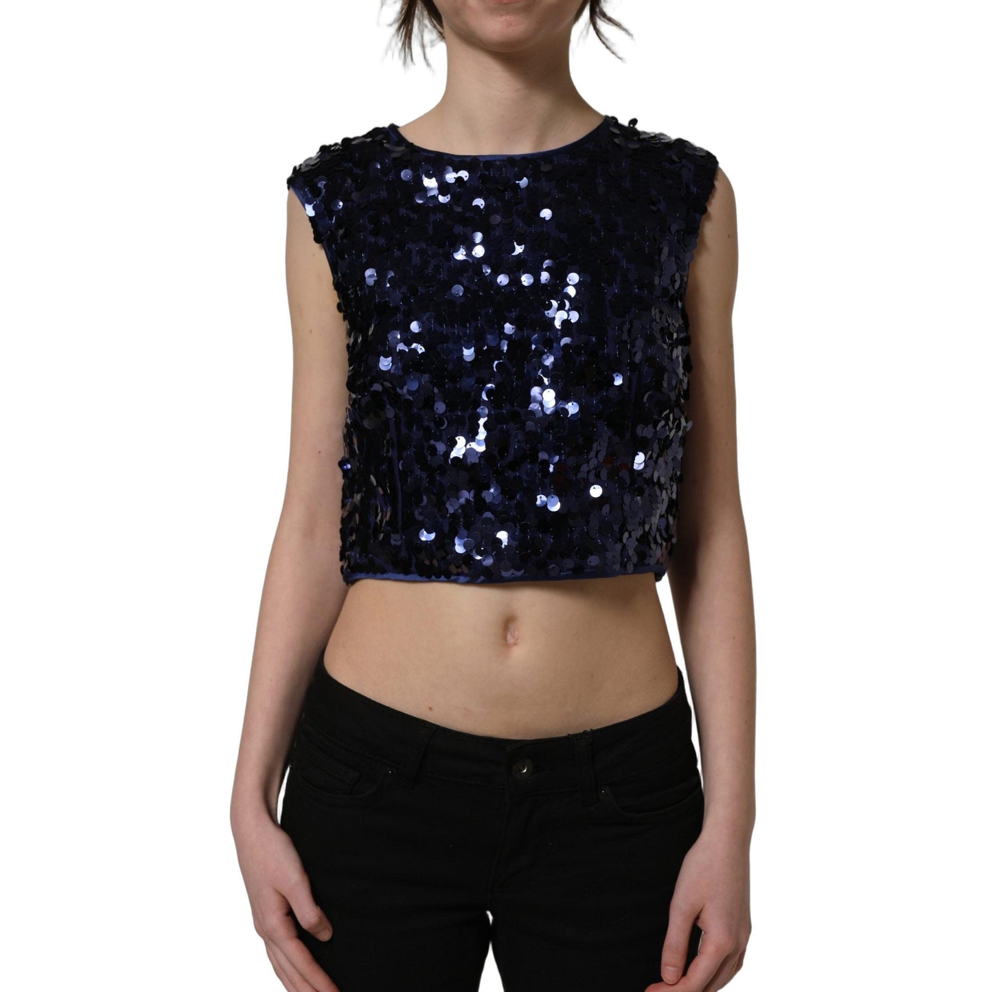 Dolce & Gabbana Blue Sequined Sleeveless Cropped Tank Top