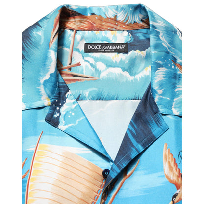 Dolce & Gabbana Blue Silk Twill Hawaiian GraphicPrint Shirt