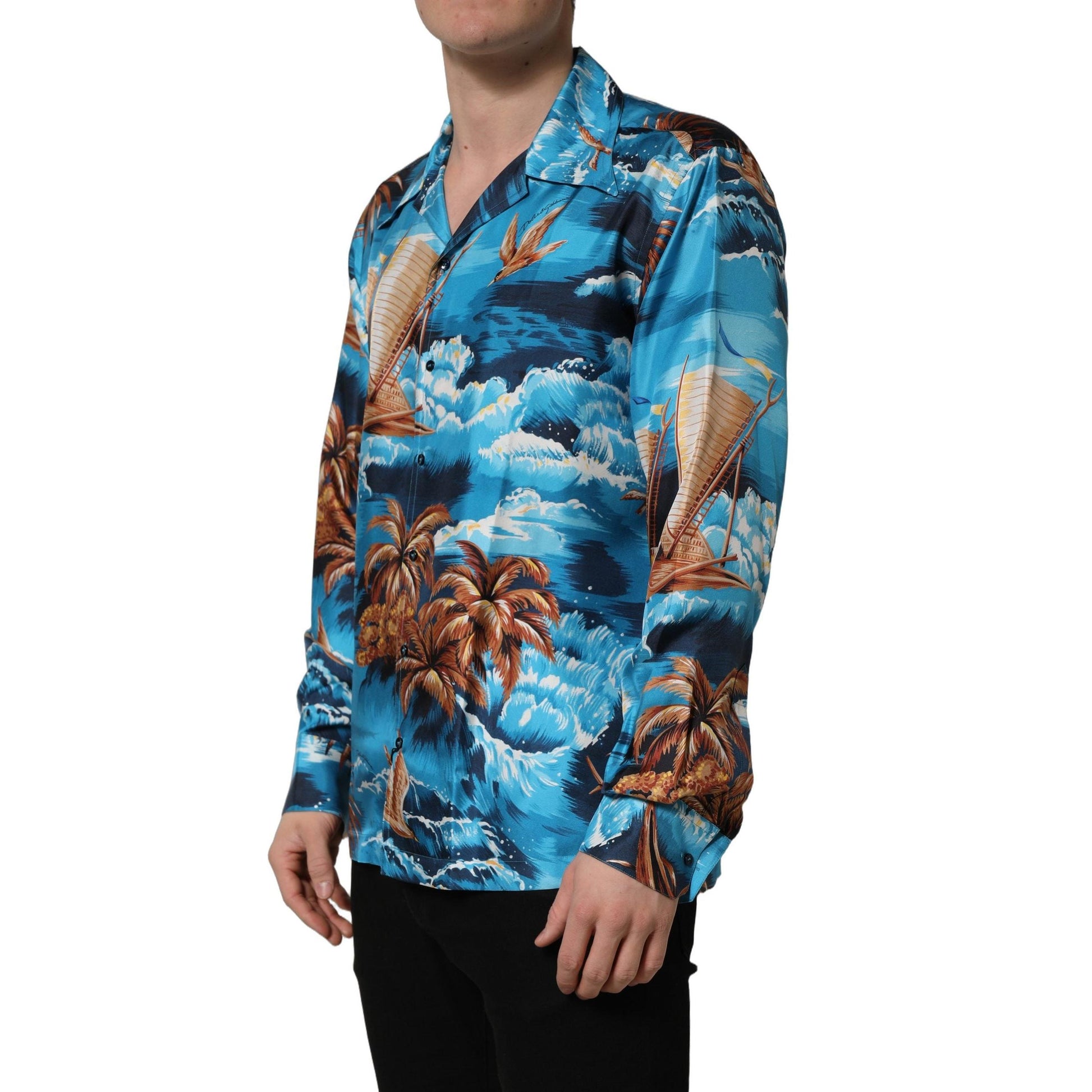 Dolce & Gabbana Blue Silk Twill Hawaiian GraphicPrint Shirt