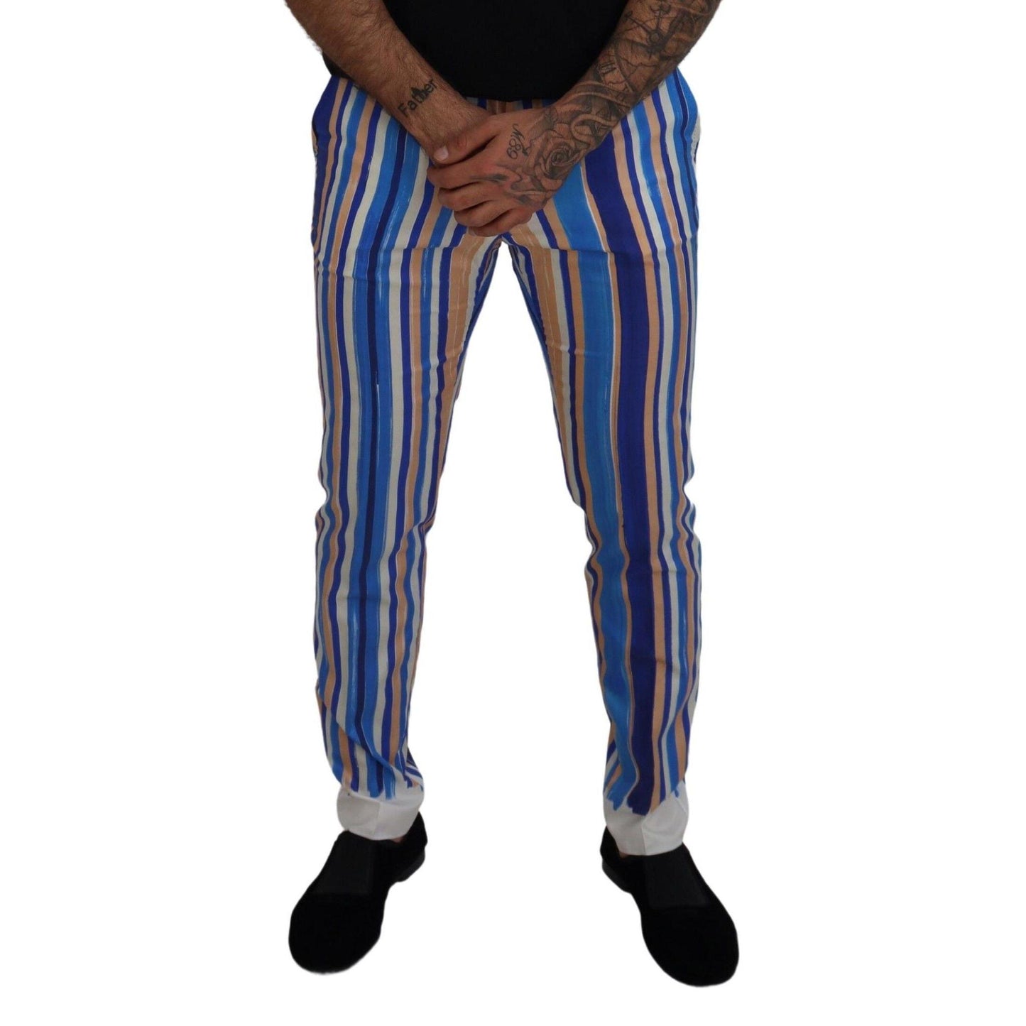 Dolce & Gabbana Blue Striped Silk Cotton Slim Trousers Pants