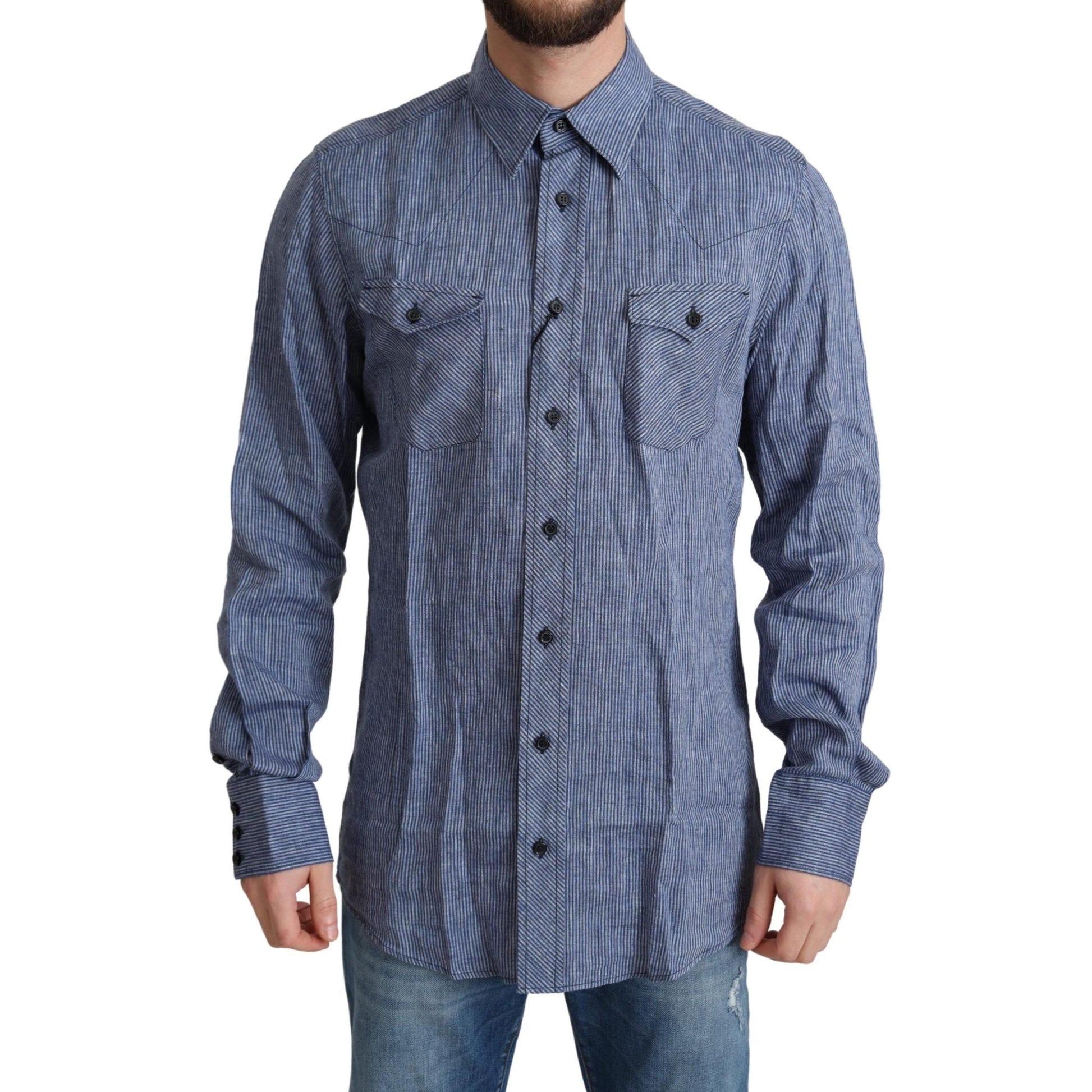 Dolce & Gabbana Blue Stripes Men Casual Button Down Shirt